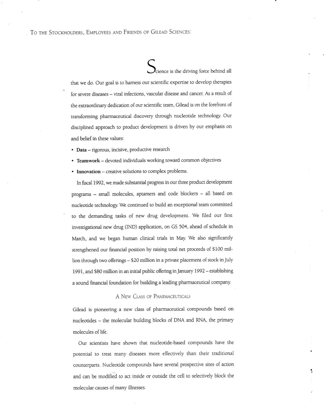 Page two: opening of the shareholder letter, 'To the Stockholders, Employees and Friends of Gilead Sciences,' beginning 'Science is the driving force behind all that we do.'