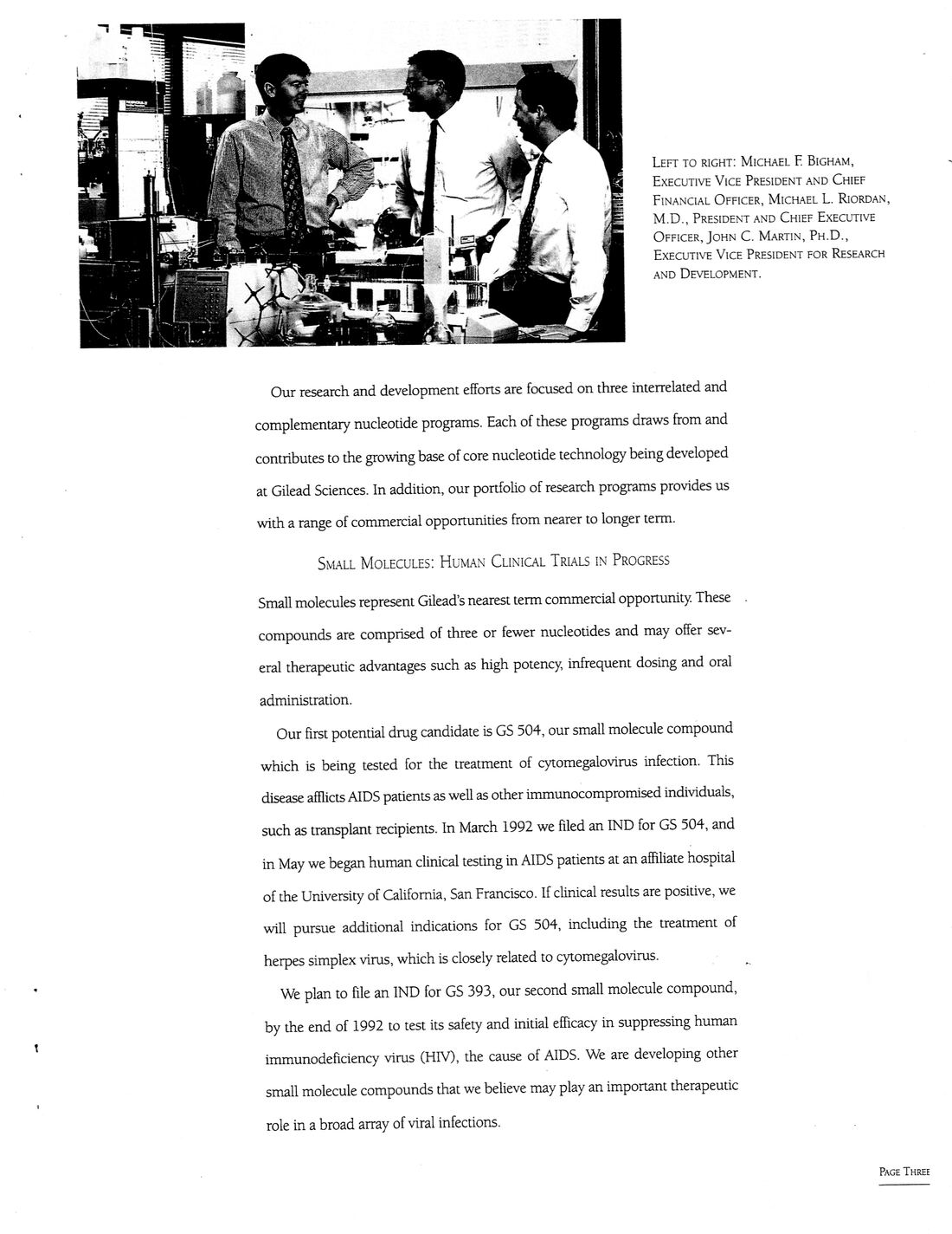 Page three: photograph of three Gilead Sciences executives in a laboratory — Michael F. Bigham, Michael L. Riordan, M.D., and John C. Martin, Ph.D. — followed by the letter sections on the three nucleotide programs and small molecules in human clinical trials.