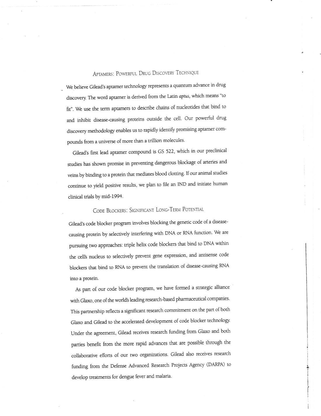 Page four: letter sections on the aptamer drug discovery program (GS 522) and the code blocker program, including the Glaxo strategic alliance and DARPA research funding.