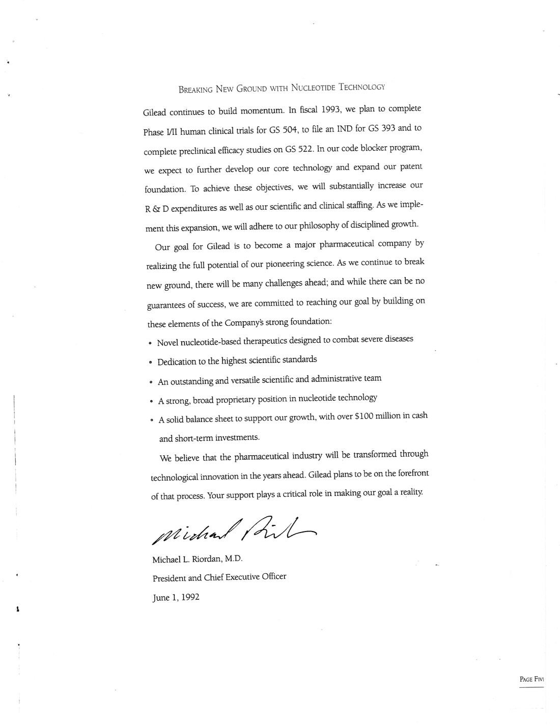 Page five: closing section 'Breaking New Ground with Nucleotide Technology,' with the signature of Michael L. Riordan, M.D., President and Chief Executive Officer, dated June 1, 1992.