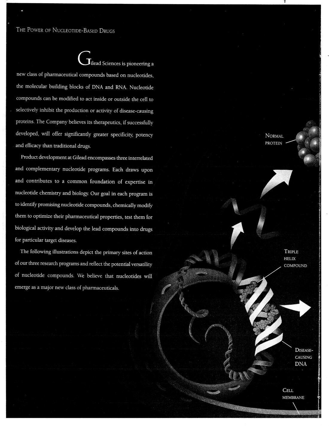 Page titled 'The Power of Nucleotide-Based Drugs' with a scientific illustration of a triple helix compound binding disease-causing DNA inside a cell, with labels for normal protein, triple helix compound, disease-causing DNA, and cell membrane.