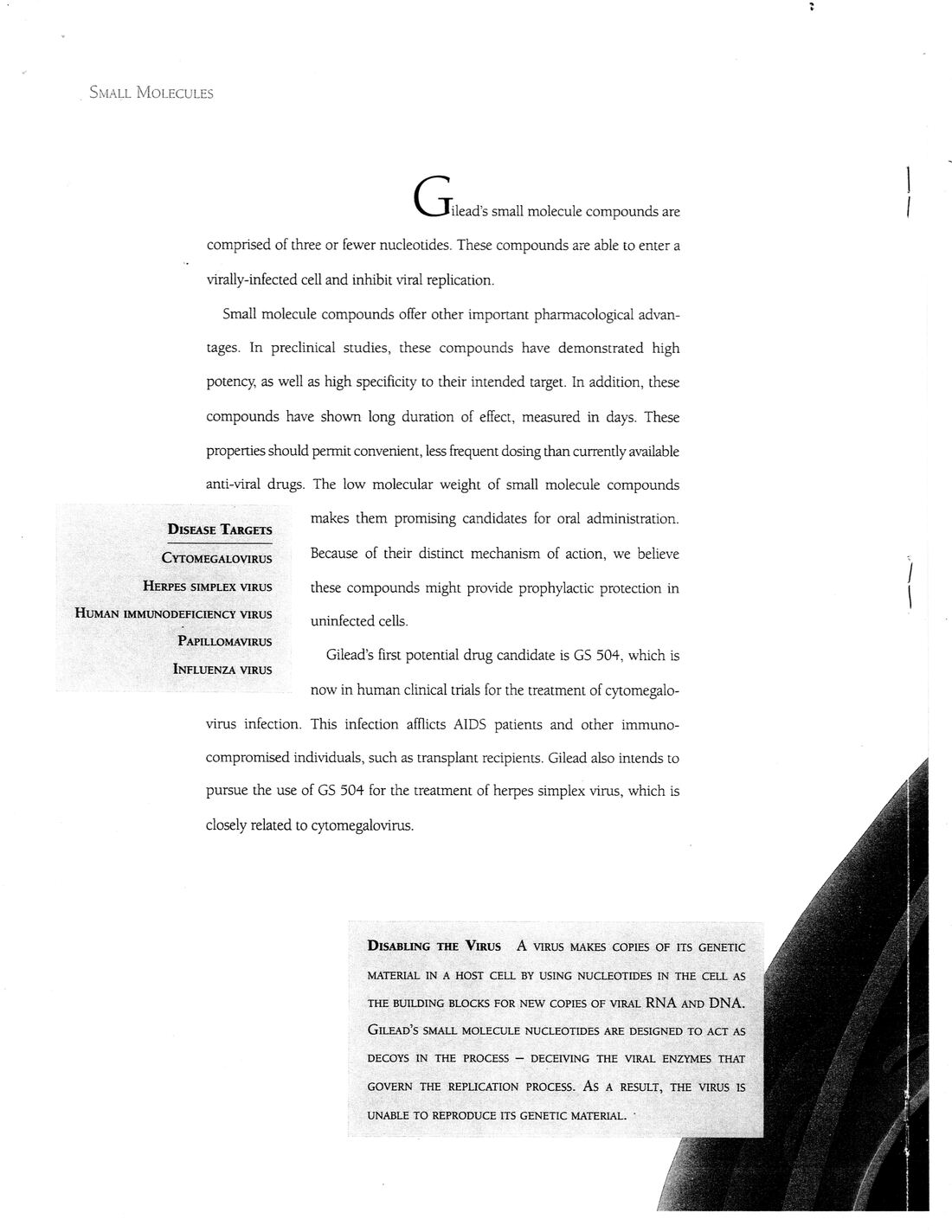 Page titled 'Small Molecules' describing Gilead's small molecule antiviral compounds, with a Disease Targets sidebar (cytomegalovirus, herpes simplex virus, HIV, papillomavirus, influenza virus) and the 'Disabling the Virus' caption box.